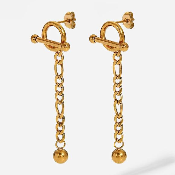 T Bar Detachable Ball Pendant Chain Earrings 18K‎ Gold Plated Stainless Steel - Picture 1 of 9